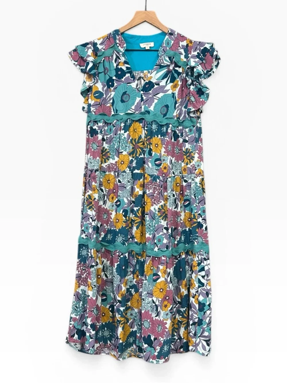 Umgee Floral Print Ric Rac Midi Dress Ruffle Ruffle Sleeve Size Small - Picture 4 of 13